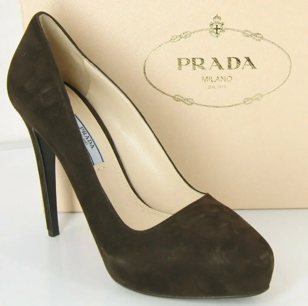 Prada Classic Brown Suede Leather Hidden Platform Heel Pump Pointy Toe NIB